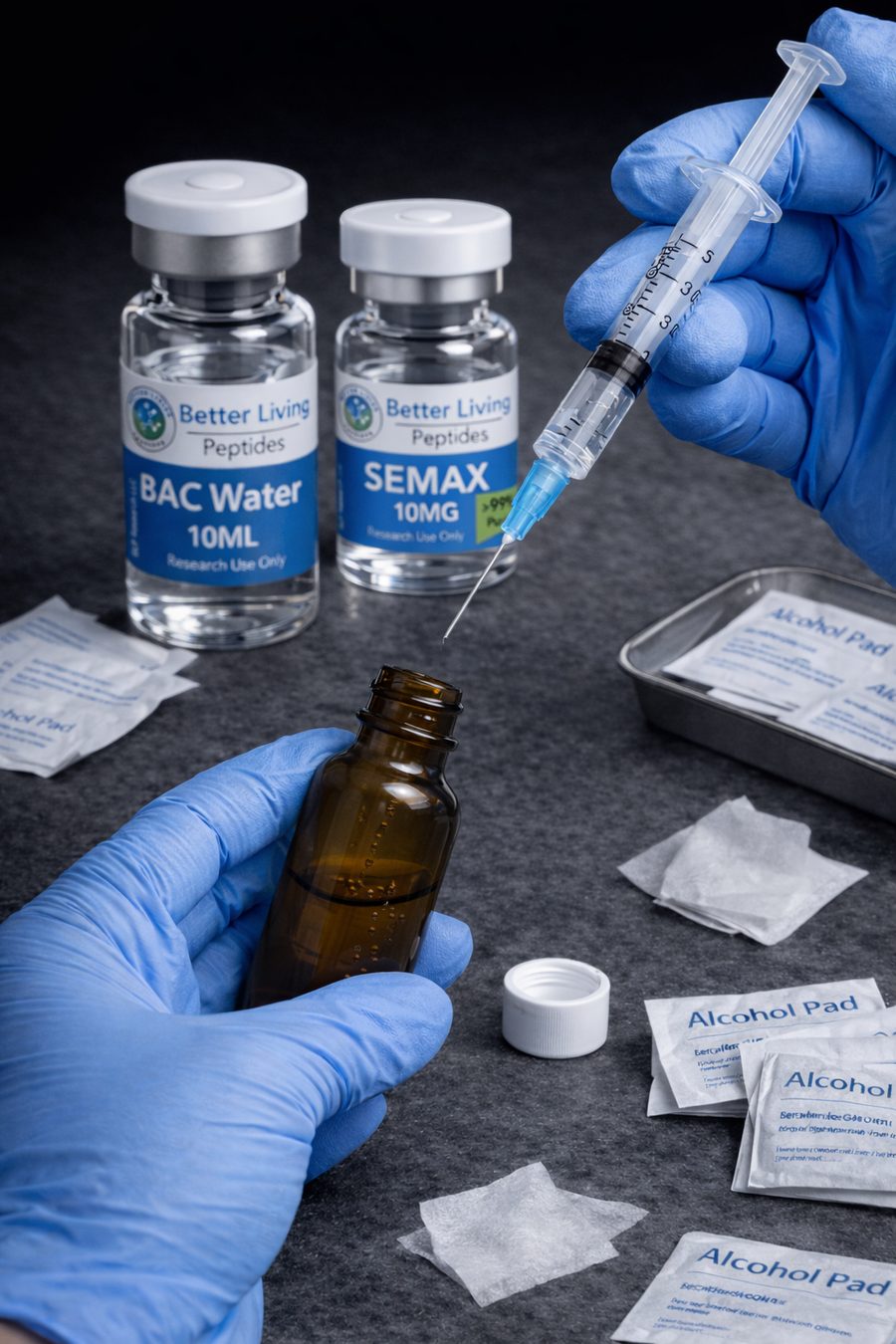 Transferring reconstituted peptide solution into an amber nasal spray bottle