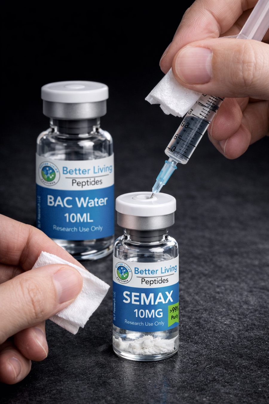 Bacteriostatic water and a Semax research vial being reconstituted with a sterile syringe