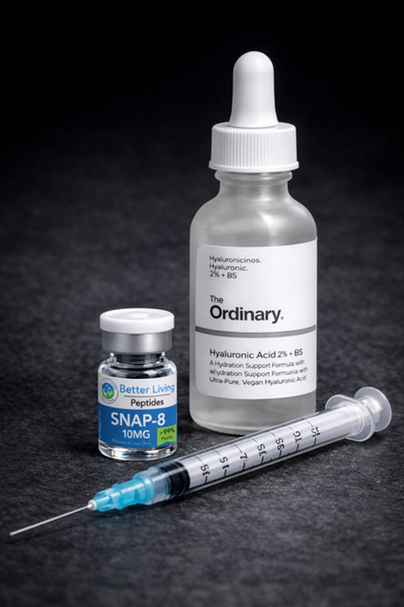 SNAP-8 10mg vial, The Ordinary Hyaluronic Acid 2% + B5 serum bottle, amber dropper bottle, and a sterile syringe