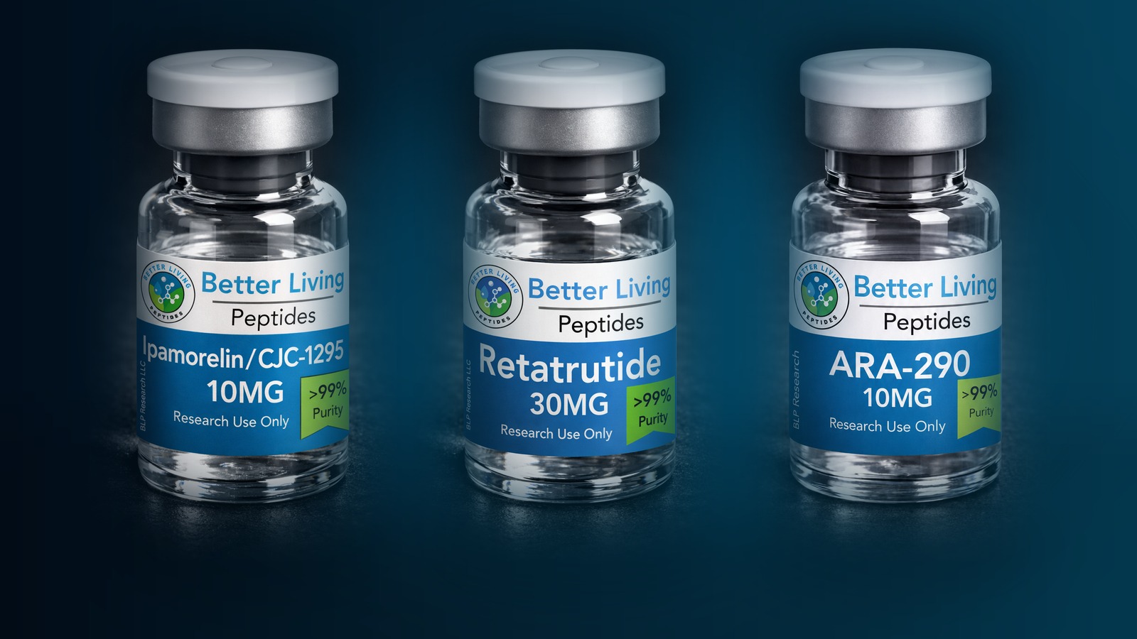 Ipamorelin and CJC-1295, Retatrutide, and ARA-290 research vials