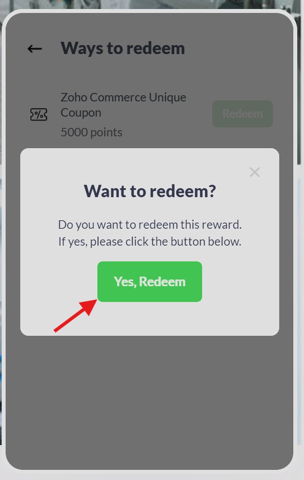 Want to redeem confirmation dialog with a Yes Redeem button